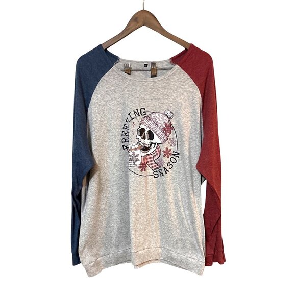 N/A Tops - Freezing Season Graphic Long Sleeve Raglan Teeshirt 4XL Red/Blue/Grey Colorblock